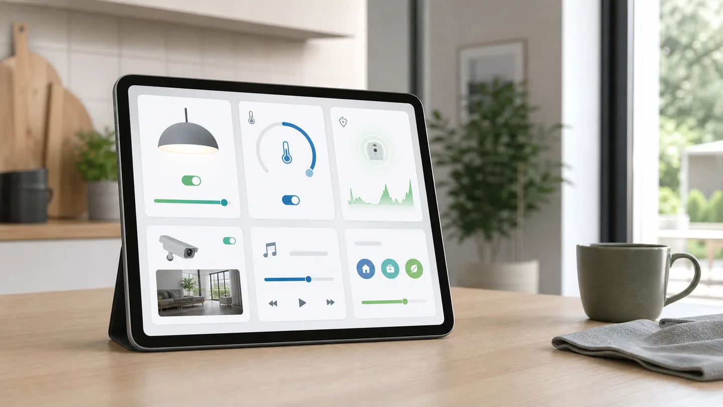 En tablet med en enkel samling af dashboardkort til lys, temperatur, sensor, kamera og medier