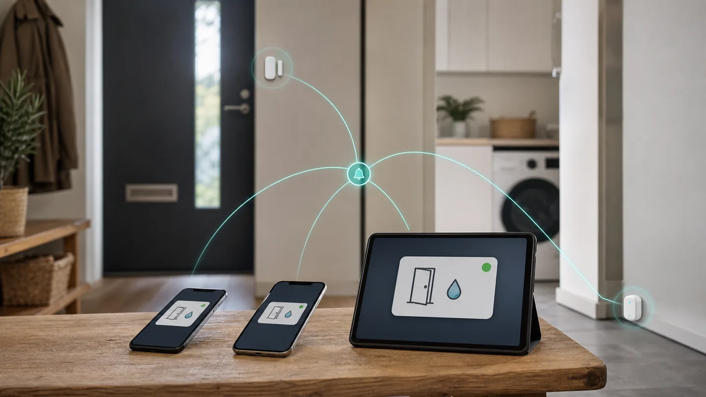 To telefoner og en tablet modtager samme enkle smartboligbesked fra en fælles notifikation