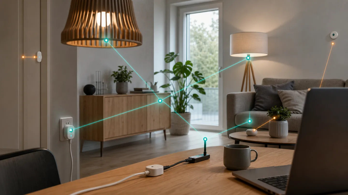 Et hjem med Zigbee-pærer, sensorer og en koordinator forbundet i et diskret mesh
