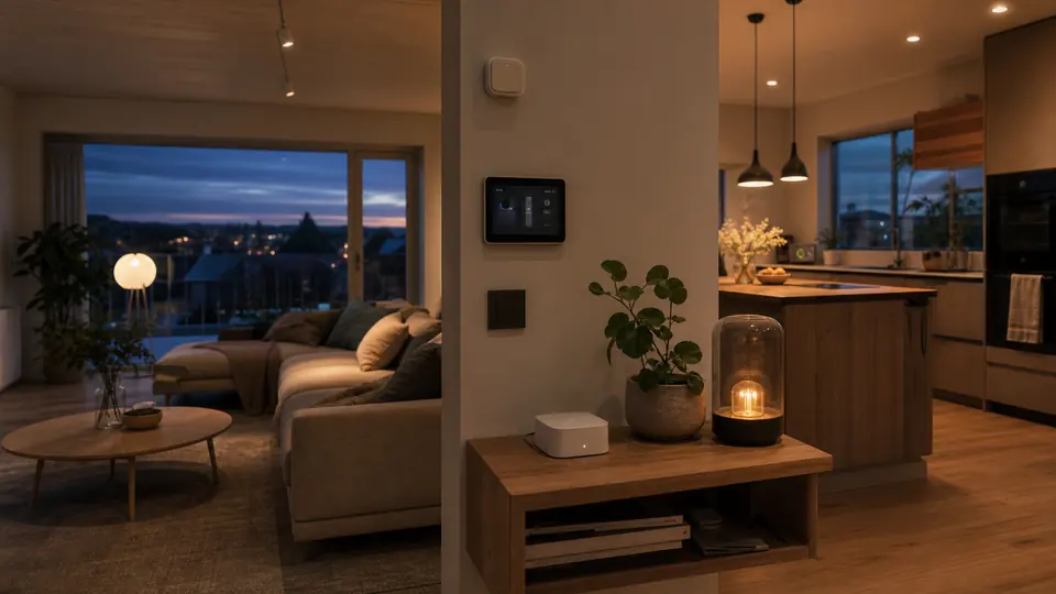 Roligt aftenlys i en moderne stue og et køkken, hvor diskret smart home-teknologi falder naturligt ind i boligen.